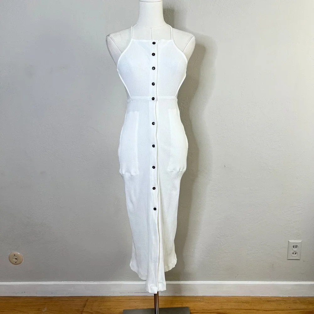 Free People Beach Dress Margaret‎ Midi Size XS Ivory Ribbed Halter Button NEW